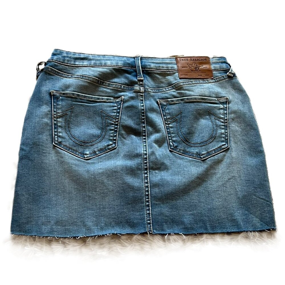 True Religion Medium Blue Denim Stretchy Mini Skirt Size 27 Small NWT
